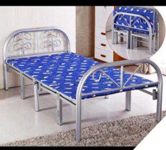 Blue Portable folding bed with metal frame
