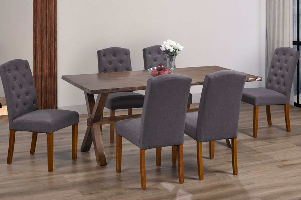 7-Piece 3036/256 Live Edge Dining Set with Button-Tufted Linen Chairs & Solid Wood Pedestal Table - Image 3